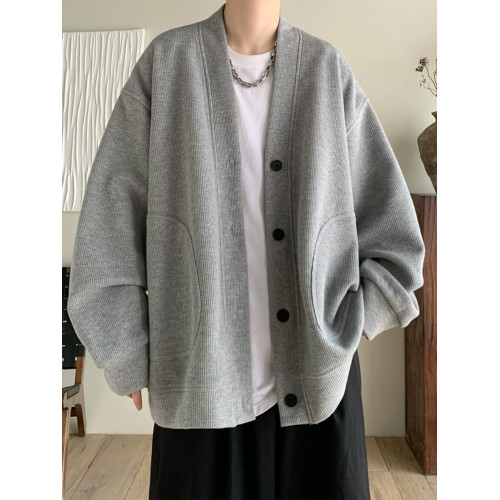 華夫格V領開衫衛衣男士春秋款美式復古重磅痞帥潮牌寬松休閒外套