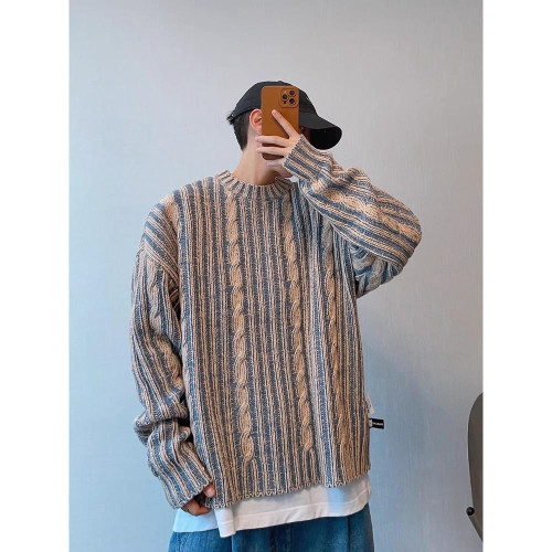 2024秋冬日系復古條紋撞色毛衣男高街潮牌小衆慵懶風休閒針織衫