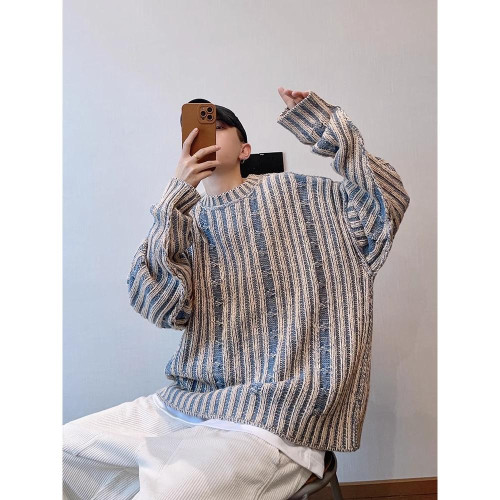 2024秋冬日系復古條紋撞色毛衣男高街潮牌小衆慵懶風休閒針織衫