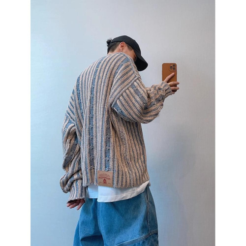 2024秋冬日系復古條紋撞色毛衣男高街潮牌小衆慵懶風休閒針織衫