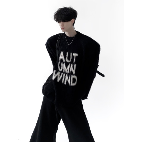 秋山風/黑白氛圍感字母仿貂毛毛衣男慵懶風高級設計感圓領針織衫