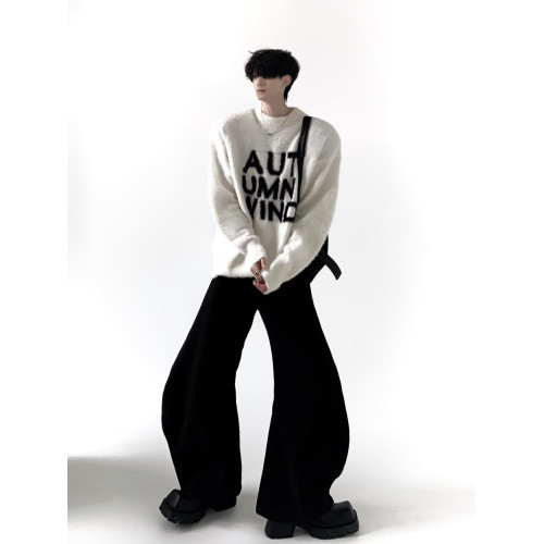 秋山風/黑白氛圍感字母仿貂毛毛衣男慵懶風高級設計感圓領針織衫