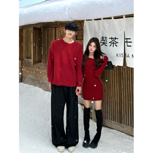 情侶裝秋冬高級感紅色毛衣男女訂婚跨年一字肩針織連衣裙一衣一裙