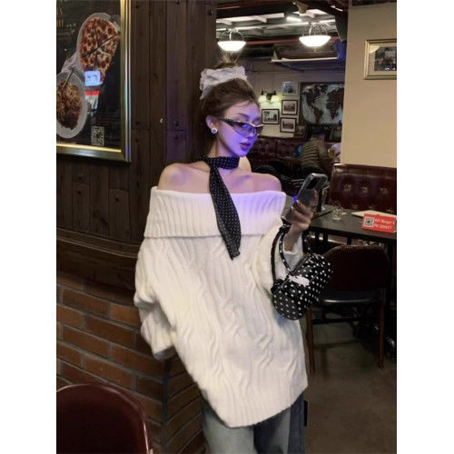 一字肩白色麻花套頭毛衣女秋冬款加厚氣質寬松長款針織衫冬季上衣 一字肩白色麻花套頭毛衣女秋冬款加厚氣質寬松長款針織衫冬季上衣