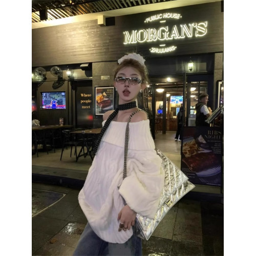 一字肩白色麻花套頭毛衣女秋冬款加厚氣質寬松長款針織衫冬季上衣 一字肩白色麻花套頭毛衣女秋冬款加厚氣質寬松長款針織衫冬季上衣