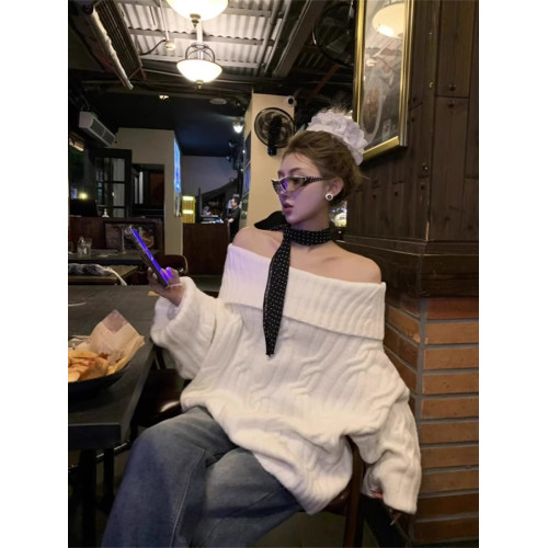 一字肩白色麻花套頭毛衣女秋冬款加厚氣質寬松長款針織衫冬季上衣 一字肩白色麻花套頭毛衣女秋冬款加厚氣質寬松長款針織衫冬季上衣