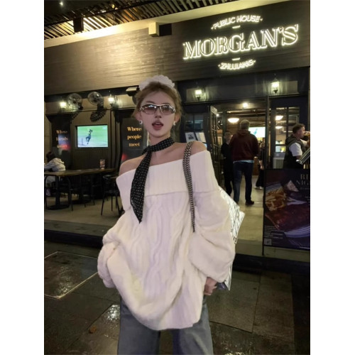 一字肩白色麻花套頭毛衣女秋冬款加厚氣質寬松長款針織衫冬季上衣 一字肩白色麻花套頭毛衣女秋冬款加厚氣質寬松長款針織衫冬季上衣