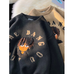 秋冬加厚毛衣男圓領套頭潮牌青少年日系復古百搭設計感小衆針織衫