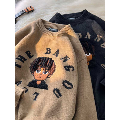 秋冬加厚毛衣男圓領套頭潮牌青少年日系復古百搭設計感小衆針織衫