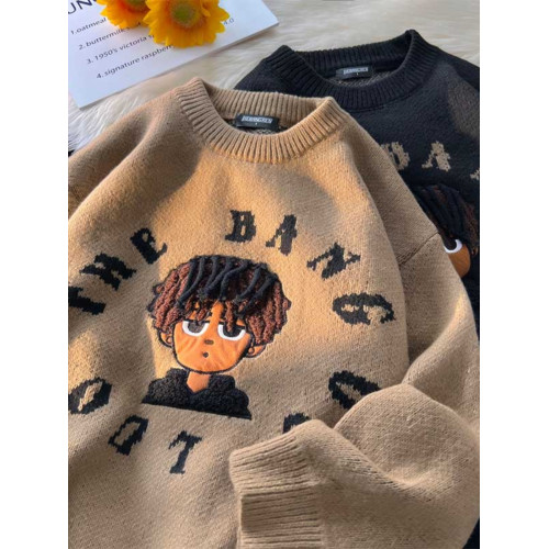 秋冬加厚毛衣男圓領套頭潮牌青少年日系復古百搭設計感小衆針織衫