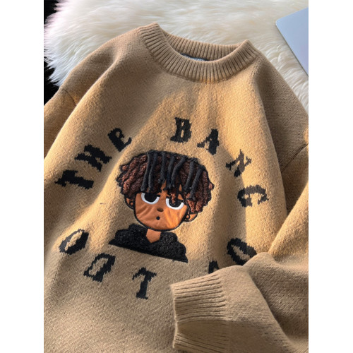 秋冬加厚毛衣男圓領套頭潮牌青少年日系復古百搭設計感小衆針織衫