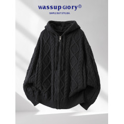 WASSUP GLORY復古麻花開衫毛衣慵嬾高級感男秋冬保暖學院風針織衫