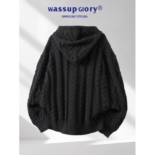 WASSUP GLORY復古麻花開衫毛衣慵嬾高級感男秋冬保暖學院風針織衫