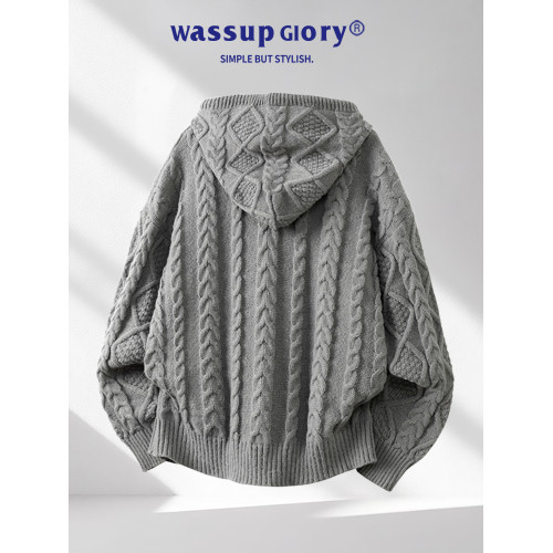 WASSUP GLORY復古麻花開衫毛衣慵嬾高級感男秋冬保暖學院風針織衫