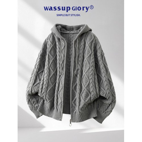 WASSUP GLORY復古麻花開衫毛衣慵嬾高級感男秋冬保暖學院風針織衫