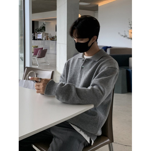 韓系針織polo衫男高級感修身翻領長袖衛衣美式西服打底羊毛保羅衫