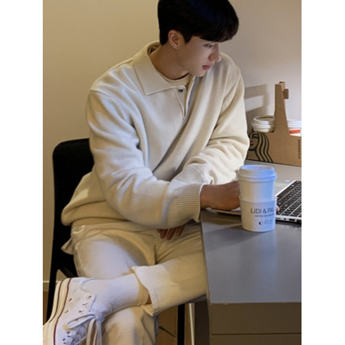韓系針織polo衫男高級感修身翻領長袖衛衣美式西服打底羊毛保羅衫