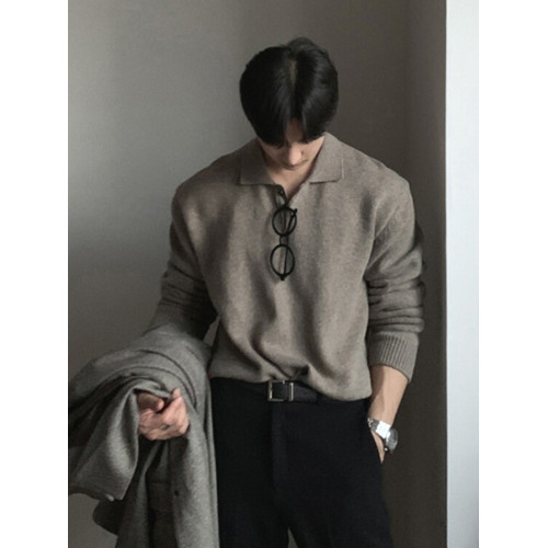 韓系針織polo衫男高級感修身翻領長袖衛衣美式西服打底羊毛保羅衫