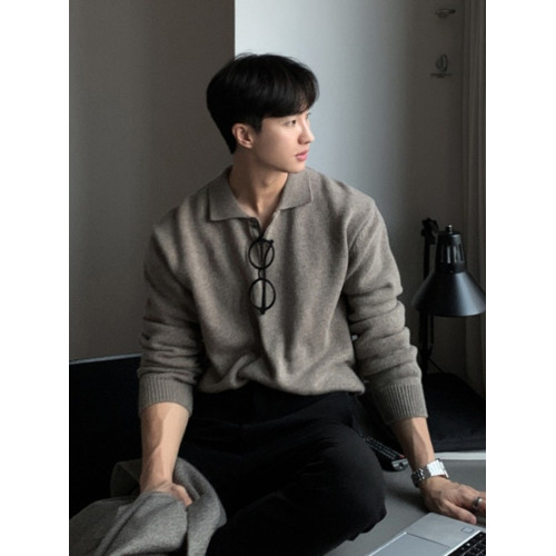 韓系針織polo衫男高級感修身翻領長袖衛衣美式西服打底羊毛保羅衫