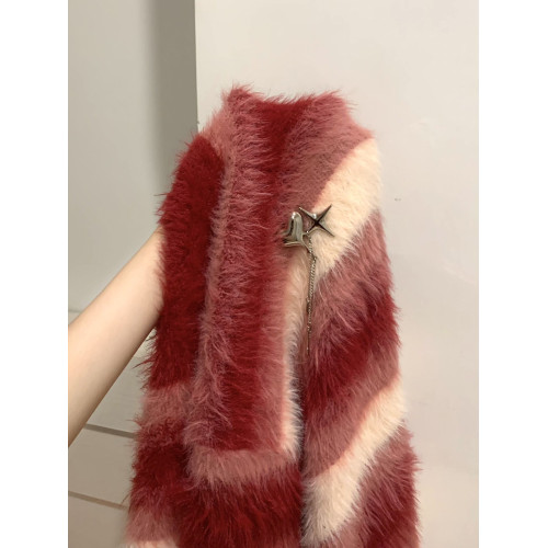 紅色條紋綉花長絨軟糯仿貂毛套頭毛衣慵懶愛心胸針針織衫加厚上衣