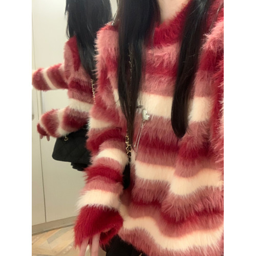 紅色條紋綉花長絨軟糯仿貂毛套頭毛衣慵懶愛心胸針針織衫加厚上衣