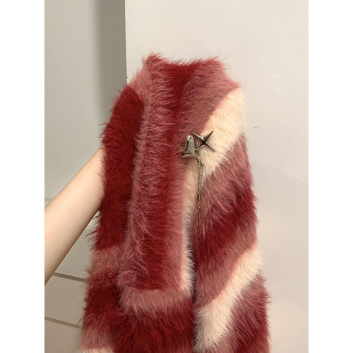 紅色條紋綉花長絨軟糯仿貂毛套頭毛衣慵懶愛心胸針針織衫加厚上衣