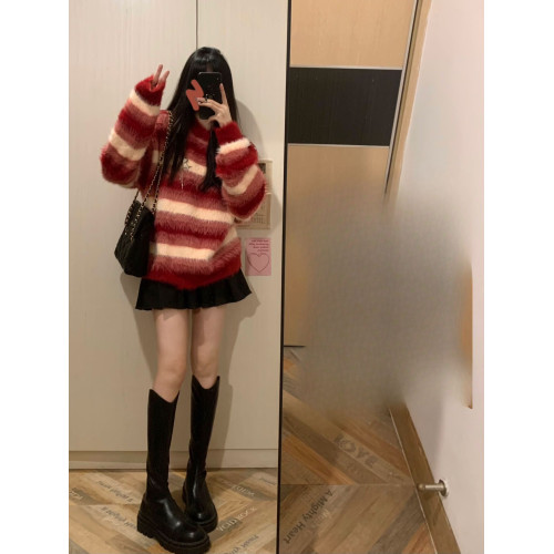 紅色條紋綉花長絨軟糯仿貂毛套頭毛衣慵懶愛心胸針針織衫加厚上衣