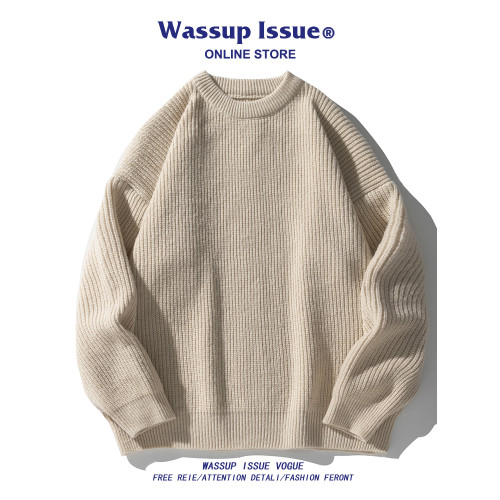 WASSUP ISSUE日系純色百搭圓領毛衣男款秋冬季寬松百搭針織上衣男 WASSUP ISSUE日系純色百搭圓領毛衣男款秋冬季寬松百搭針織上衣男