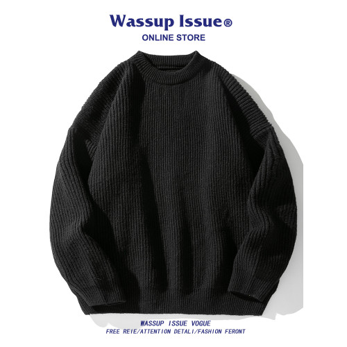 WASSUP ISSUE日系純色百搭圓領毛衣男款秋冬季寬松百搭針織上衣男 WASSUP ISSUE日系純色百搭圓領毛衣男款秋冬季寬松百搭針織上衣男