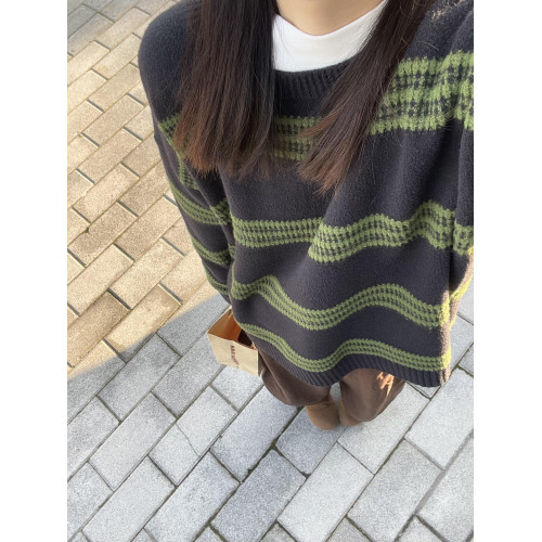 韓系條紋撞色毛衣女秋冬新款高級感寬鬆慵嬾風軟糯內搭針織衫上衣