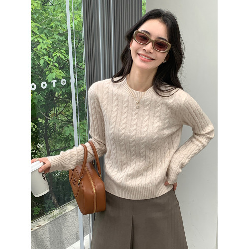 鄂爾多斯市圓領羊絨衫女秋冬套頭純色針織羊毛打底衫內搭麻花毛衣