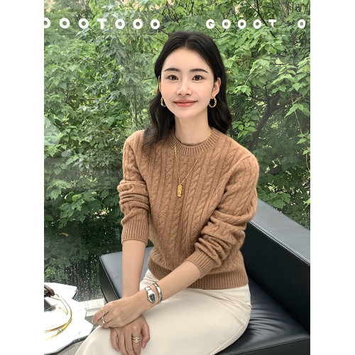 鄂爾多斯市圓領羊絨衫女秋冬套頭純色針織羊毛打底衫內搭麻花毛衣