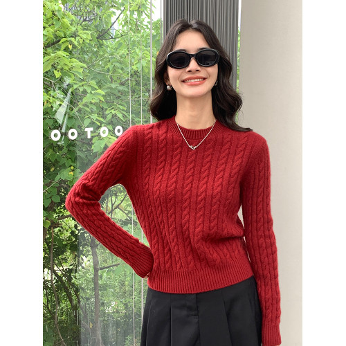 鄂爾多斯市圓領羊絨衫女秋冬套頭純色針織羊毛打底衫內搭麻花毛衣