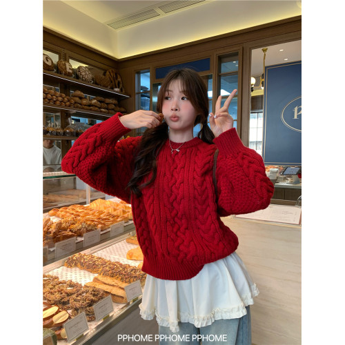 PPHOME自製~麻花毛衣 韓代同款高品質粗針毛衣寬鬆圓領八迺毛衣女