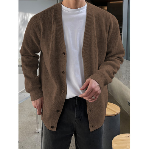 法式大v領羊毛衫外套男氛圍感修身衛衣開衫軟糯包芯紗針織夾克衫