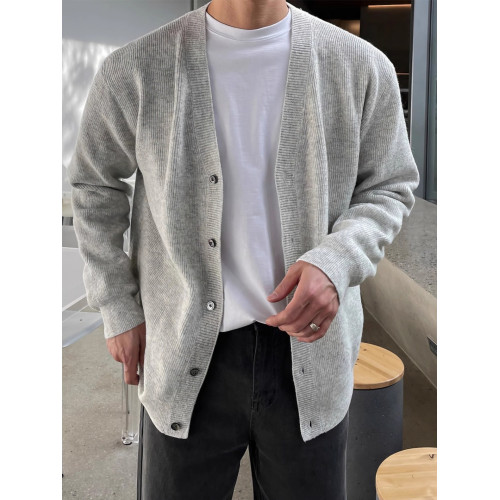 法式大v領羊毛衫外套男氛圍感修身衛衣開衫軟糯包芯紗針織夾克衫