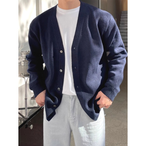 法式大v領羊毛衫外套男氛圍感修身衛衣開衫軟糯包芯紗針織夾克衫