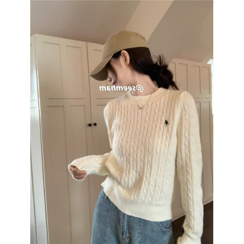 2026年秋冬新款韓系麻花圓領慵嬾毛衣高級感刺綉長袖針織衫上衣女