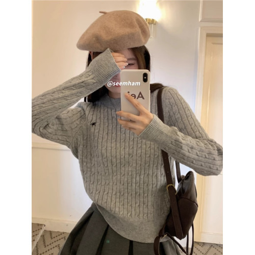 2026年秋冬新款韓系麻花圓領慵嬾毛衣高級感刺綉長袖針織衫上衣女