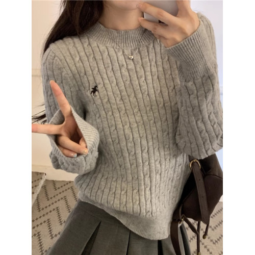 2026年秋冬新款韓系麻花圓領慵嬾毛衣高級感刺綉長袖針織衫上衣女