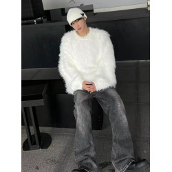 秋冬季軟糯白色水貂絨毛衣男士外套寬松慵懶風高級感馬海毛針織衫