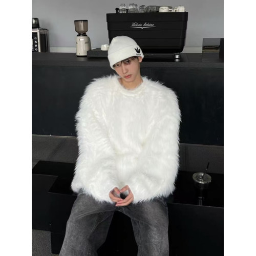 秋冬季軟糯白色水貂絨毛衣男士外套寬松慵懶風高級感馬海毛針織衫