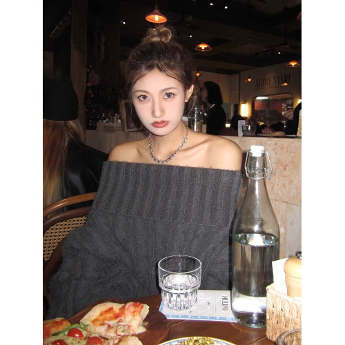 純欲慵嬾風軟糯毛衣女2024秋季新款加厚針織衫寬鬆絕美一字肩上衣