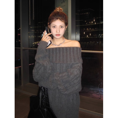 純欲慵嬾風軟糯毛衣女2024秋季新款加厚針織衫寬鬆絕美一字肩上衣