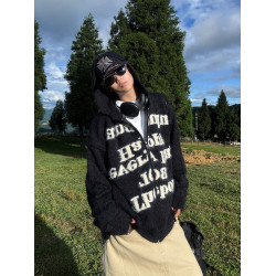 EAT 字母提花連帽拉鍊開衫貂毛毛衣男女秋冬慵懶舒適情侶針織外套