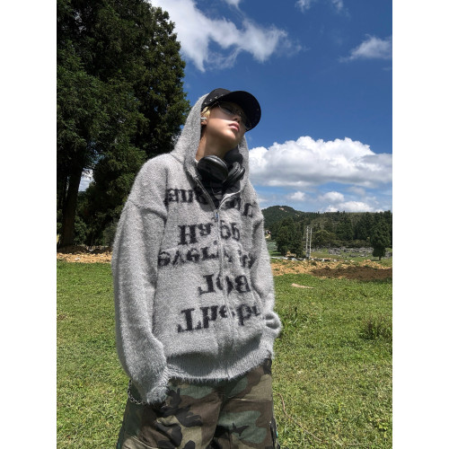 EAT 字母提花連帽拉鍊開衫貂毛毛衣男女秋冬慵懶舒適情侶針織外套
