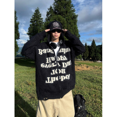 EAT 字母提花連帽拉鍊開衫貂毛毛衣男女秋冬慵懶舒適情侶針織外套