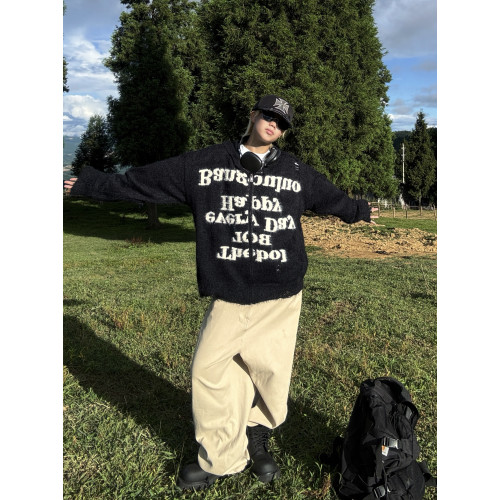 EAT 字母提花連帽拉鍊開衫貂毛毛衣男女秋冬慵懶舒適情侶針織外套