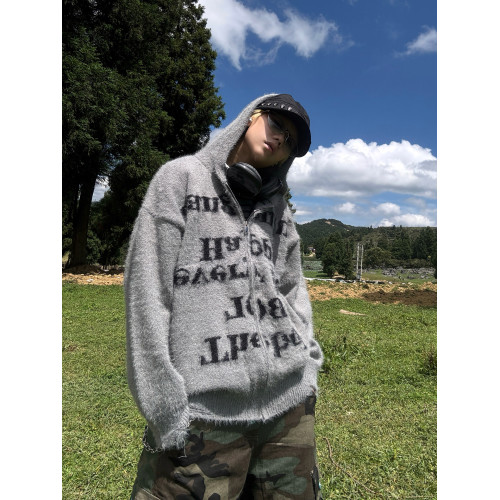 EAT 字母提花連帽拉鍊開衫貂毛毛衣男女秋冬慵懶舒適情侶針織外套