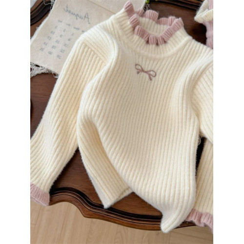 女小童針織毛衣洋氣2025年秋冬新款女寶寶半高領木耳領甜美打底衫